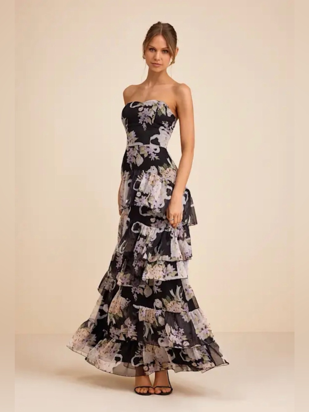 NWT Lulu's Black Floral Strapless Organza Tiered Maxi Dress XL